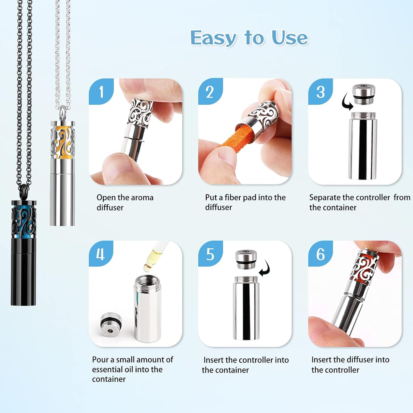 Essential Oil Diffuser Necklaces for Women, 2PCS Aromatherapy Necklaces Stainless Steel Diffuser Locket Pendant Cylinder with 20 Felt Pads, Aroma Necklaces Gift Set for Mothers Day