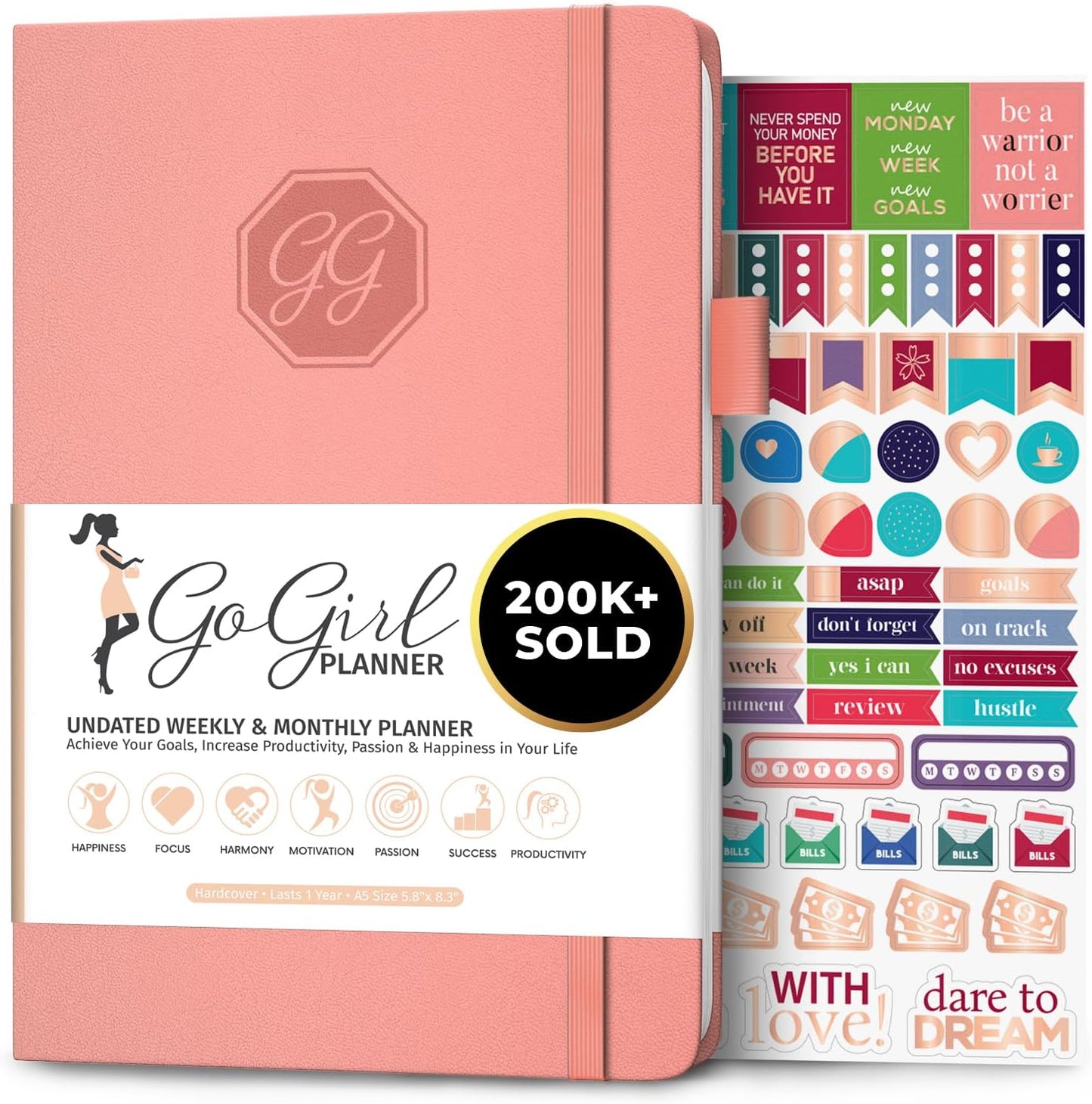 Planner and Organizer for Women – A5 Size Weekly Planner, Goals Journal & Agenda to Improve Time Management, Productivity & Live Happier. Undated – Start Anytime, Lasts 1 Year – Peach Pink
