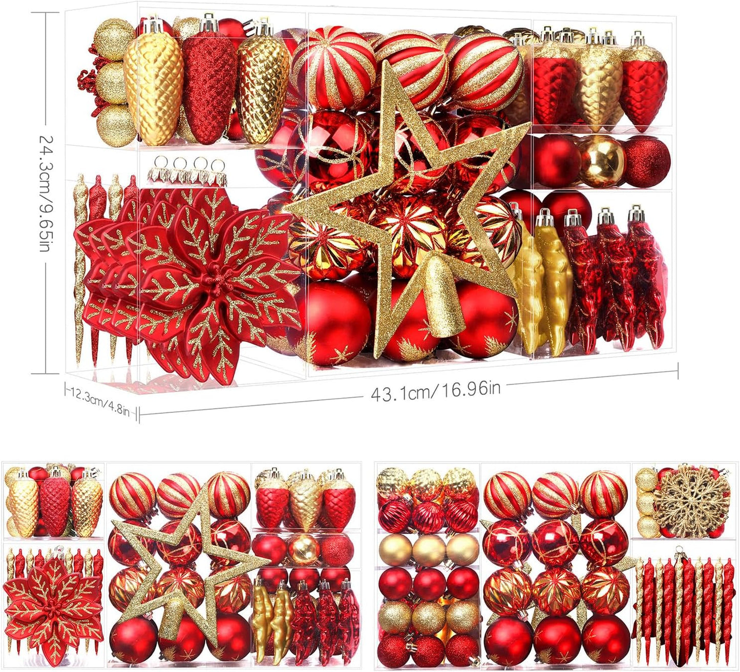 106PCS Shatterproof Christmas Ornaments Set in Red & Gold for Holiday Decor