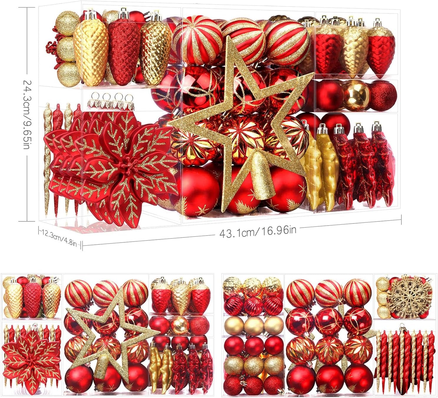 106PCS Shatterproof Christmas Ornaments Set in Red & Gold for Holiday Decor