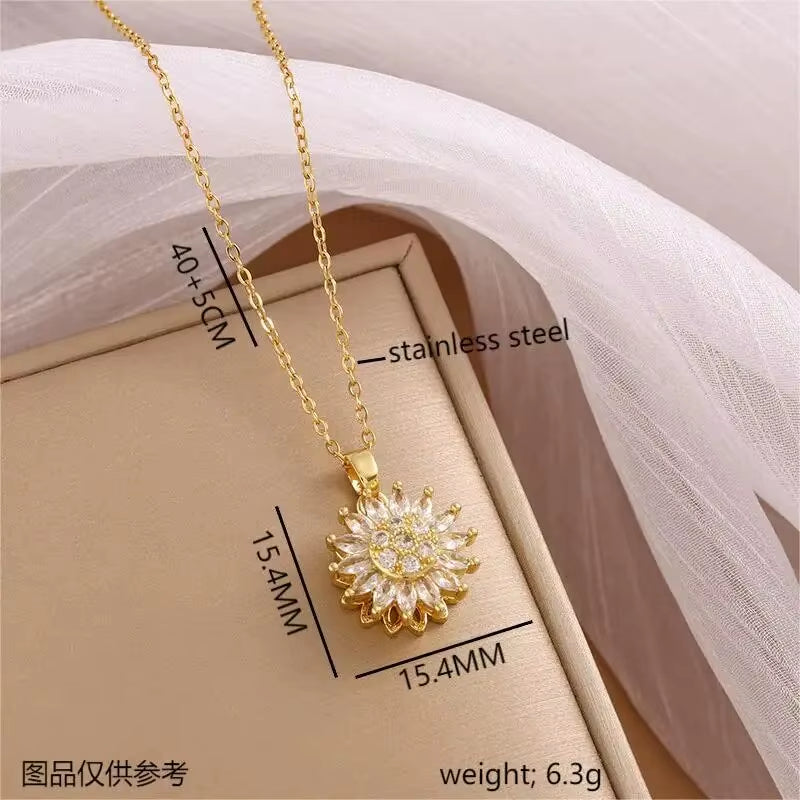 Trendy Rotation Spin Sunflower Stainless Steel Zircon Necklaces for Women Metal Crystal Necklace Party Birthday Gifts Jewelry