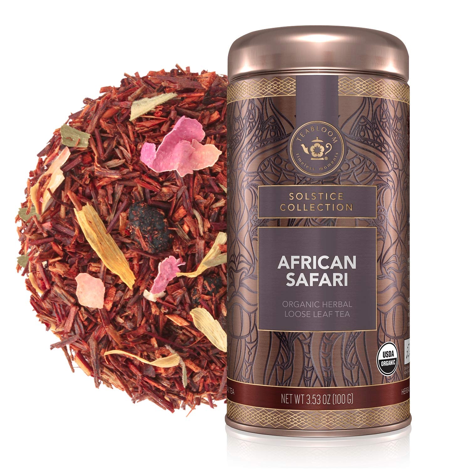 Organic Herbal Tea, African Safari Loose Leaf Tea, Sweet Rooibos Blend with Berry Flavors and Vanilla, USDA Certified Organic, Fresh Whole Leaf Blend in Reusable Gift Canister, 3.53 Oz/100 G Canister Makes 35-50 Cups