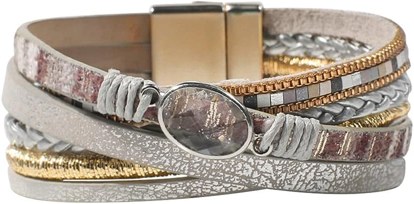 Leather Wrap Bracelet for Women - Multi-Layer Bracelets with Magnetic Clasp Bangle Cuff Stacked Bracelet for Lady and Mother