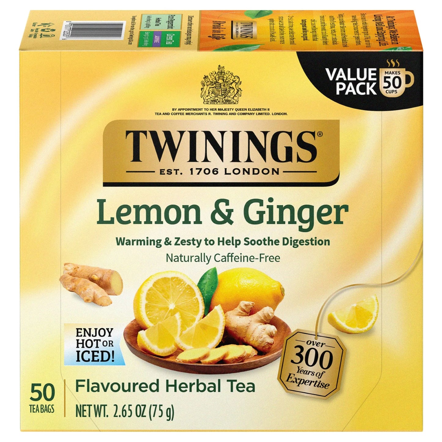 Lemon & Ginger Herbal Tea Bags, Caffeine Free, 50 Count Box