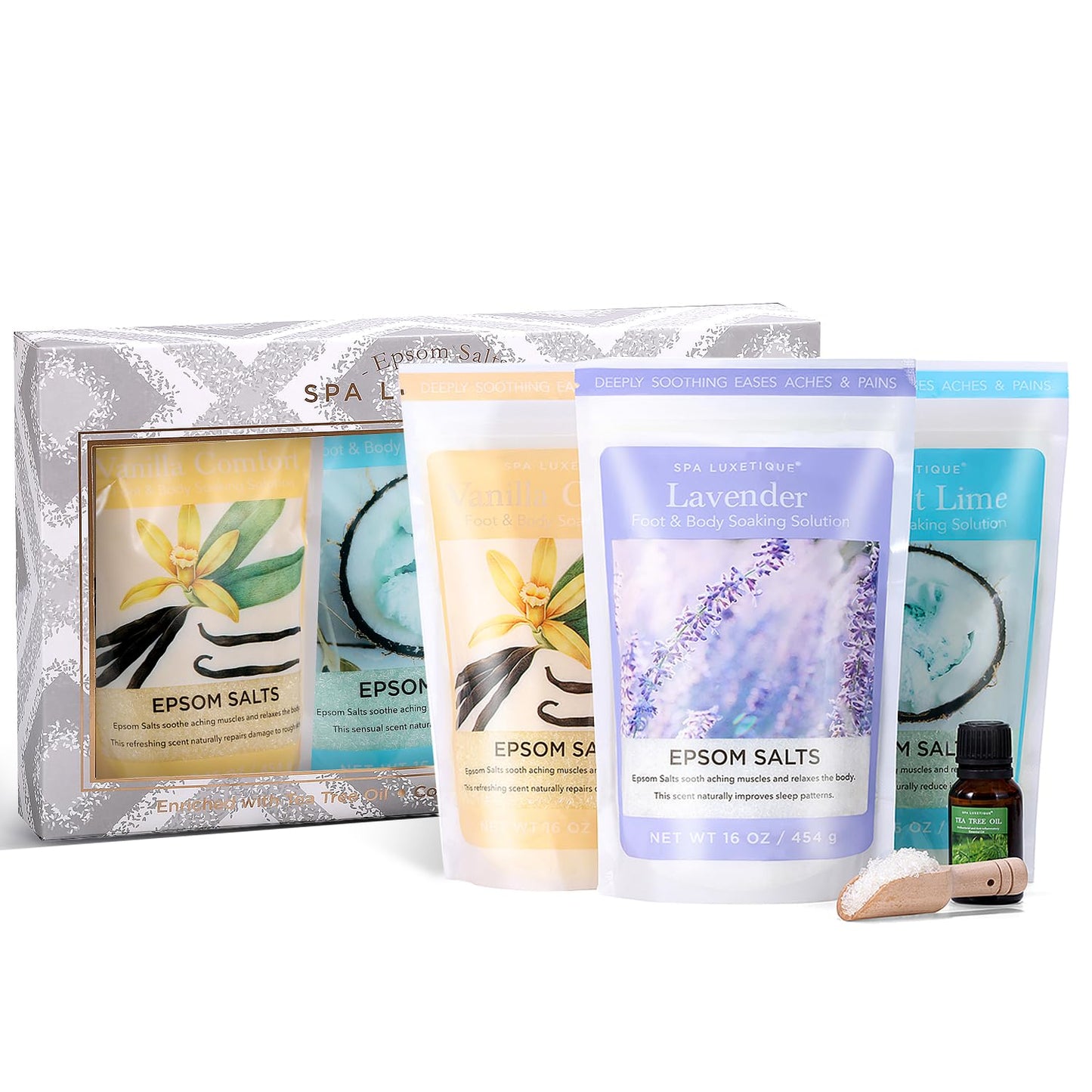 Bath Salts for Women,  Epsom Salts for Soaking, 3Pc Bath Salt Gifts Set, Lavender, Vanilla and Coconut Scent with Tea Tree Oil Gifts for Her Birthday Gifts