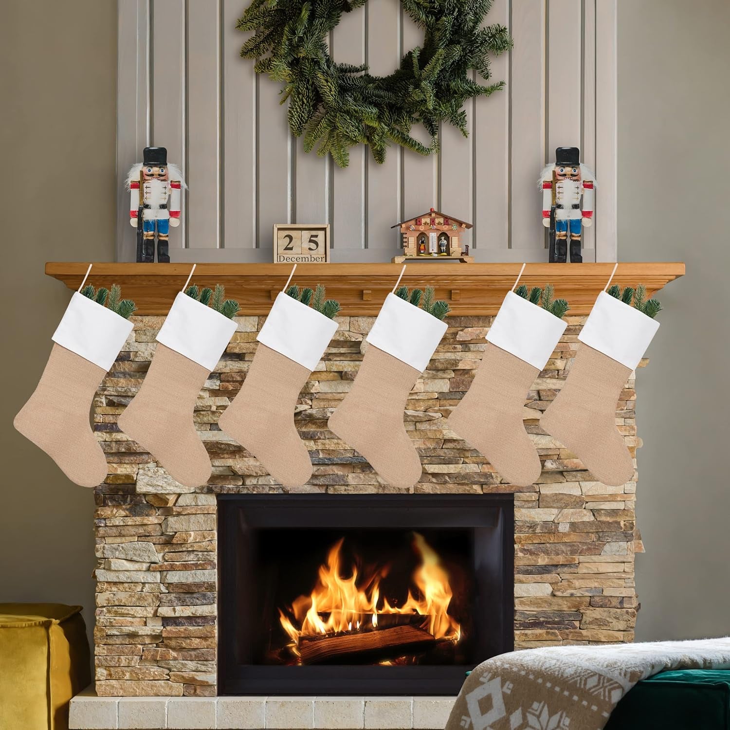 18" Burlap Christmas Stockings Bulk Plain Xmas Neutral Stockings for Fireplace Hanging,Pack 10