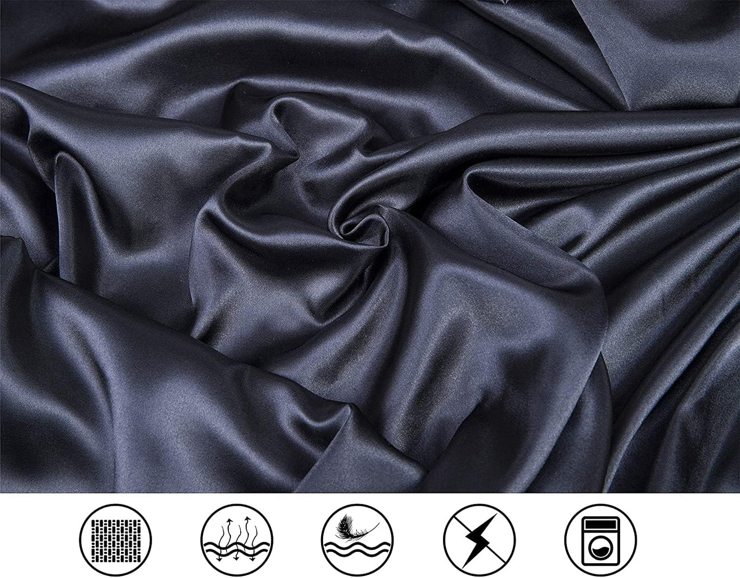 Satin Bed Sheets Queen Sheet Set, Black Silk Sheets, 4 - Pieces Soft Bedding Set with 1 Deep Pocket Fitted Sheet,1 Flat Sheet,2 Pillowcase