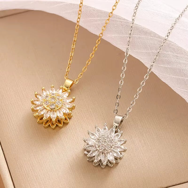 Trendy Rotation Spin Sunflower Stainless Steel Zircon Necklaces for Women Metal Crystal Necklace Party Birthday Gifts Jewelry