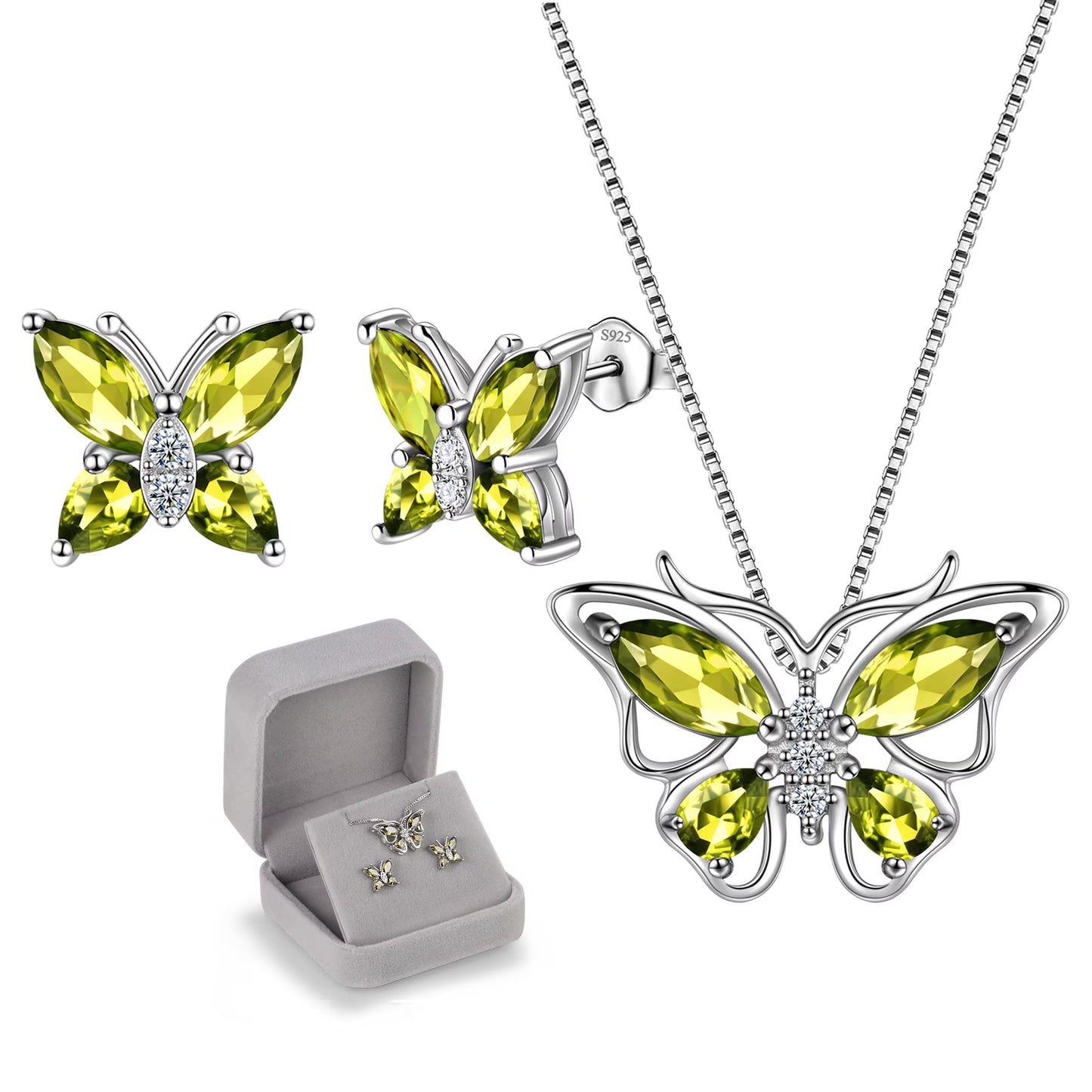 Green Butterfly Jewelry Peridot August Birthstone Jewelry Set Fine Necklace/Earrings 925 Sterling Silver Birthday Mother'S Day Gifts for Women
