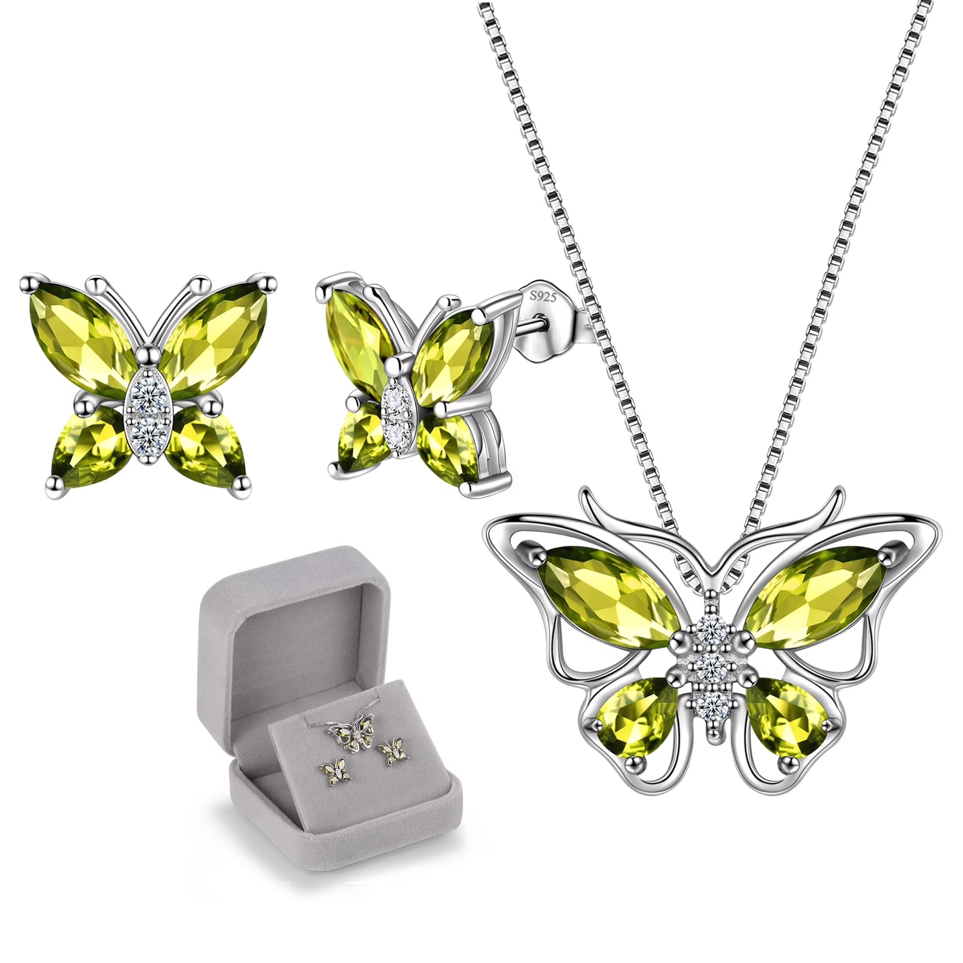 Green Butterfly Jewelry Peridot August Birthstone Jewelry Set Fine Necklace/Earrings 925 Sterling Silver Birthday Mother'S Day Gifts for Women