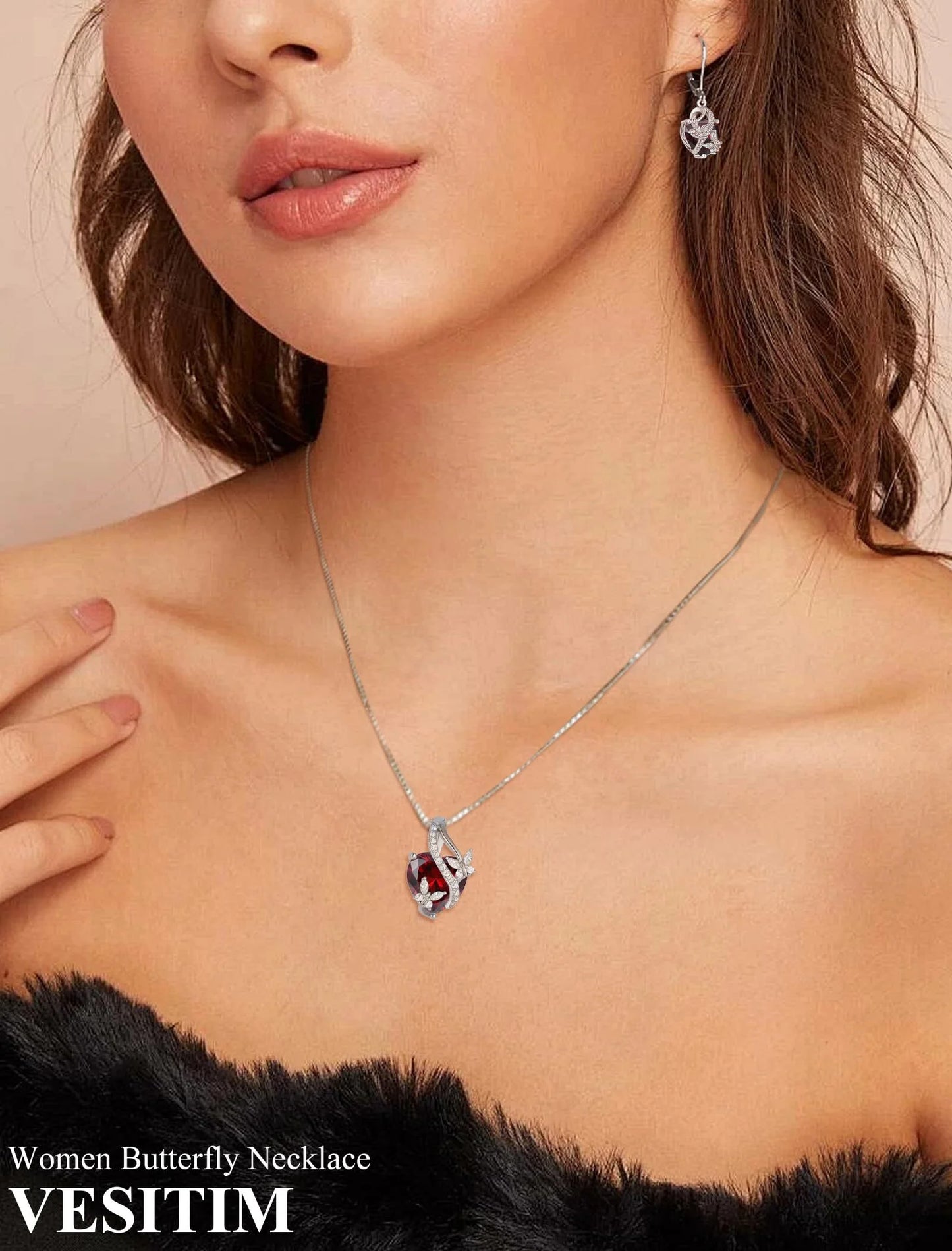 Infinite Heart Pendant Sterling Silver Butterfly Necklace for Women Jewelry Gift with Birthstone January Created Garnet