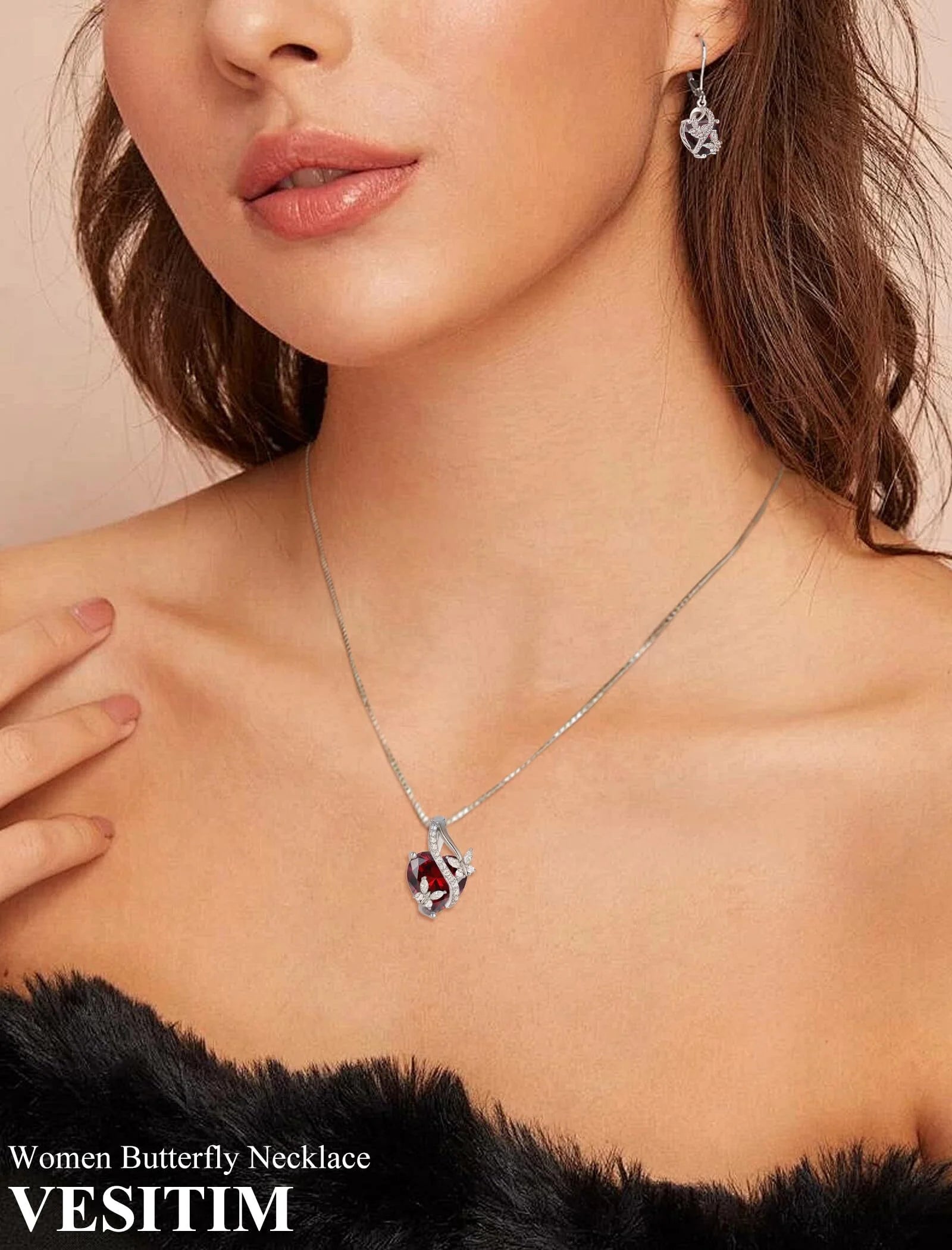 Infinite Heart Pendant Sterling Silver Butterfly Necklace for Women Jewelry Gift with Birthstone January Created Garnet