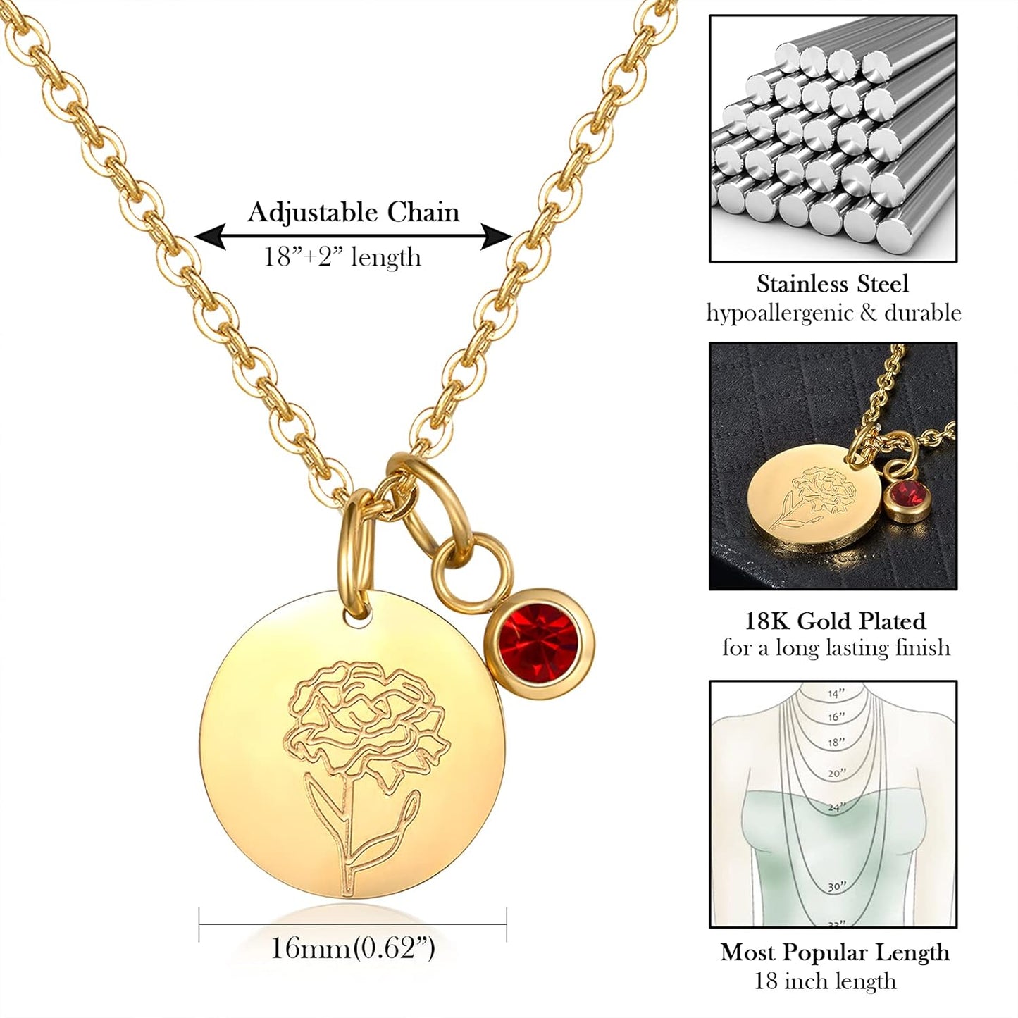 Birthday Gifts for Her Birth Flower Necklaces, 18K Gold Plated Dainty Birth Month Floral Birthstone Disc Coin Pendant Necklaces | Women Wildflower Jewelry Gifts for Valentines Anniversary