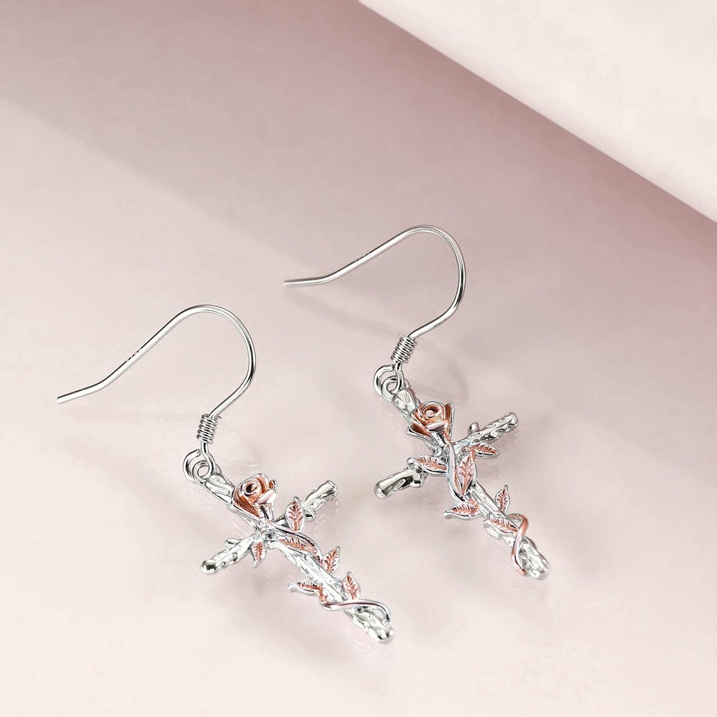 Cross Earrings Sterling Silver Rose Flower Cross Dangle Earrings Jewelry Gifts for Women