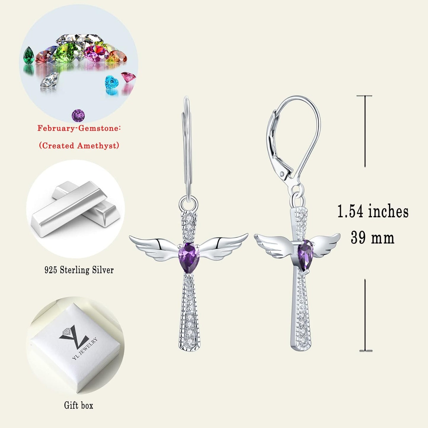 925 Sterling Silver Cross Dangle Drop Earrings Pear Cut Birthstone Angel Wings Leverback Earrings for Women