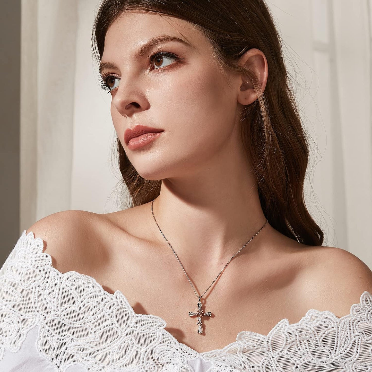 Rose Cross Necklace for Women 925 Sterling Silver Infinity Rose Cross Pendant Cubic Zirconia, Cross Jewelry Gift for Women Mom