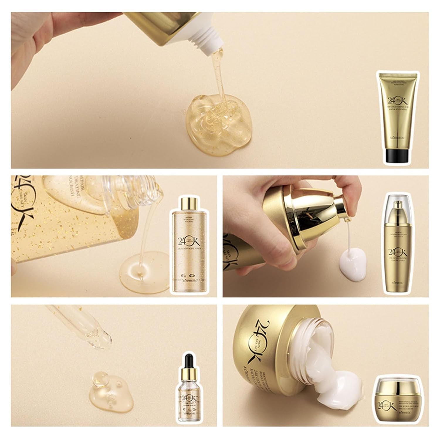 24K Gold Skin Care Set 6-Piece Collection 24K Skincare Set with Facial Cleanser, Face Serum 2Pcs, Eye Cream, Essence Milk, Toner, Anti-Aging Skin Care Kit for Women
