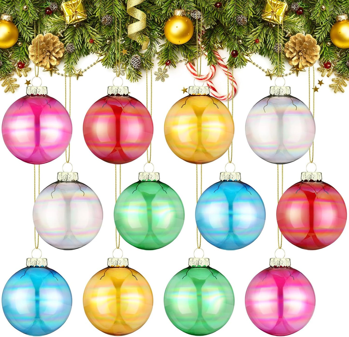 12 Pcs Iridescent Glass Christmas Ornaments 2.36 Inch for Holiday Decor