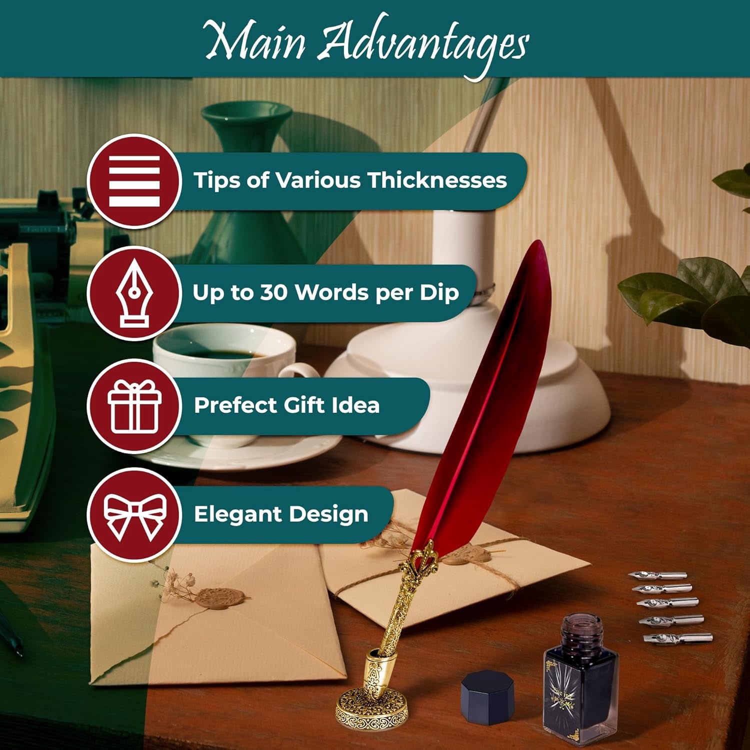 Feather Quill Pen and Ink Set - Calligraphy Dip Pen Antique Feather Pen Set