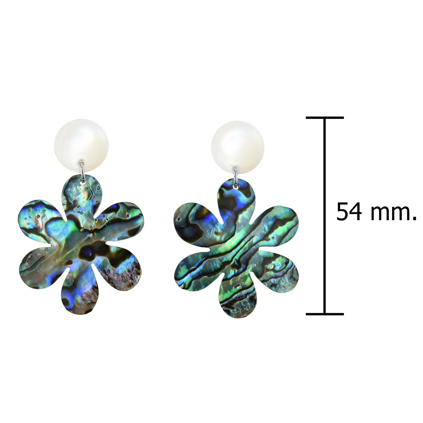 Elegance Abalone Shell Flower on White Circle Post Drop Dangle Earrings