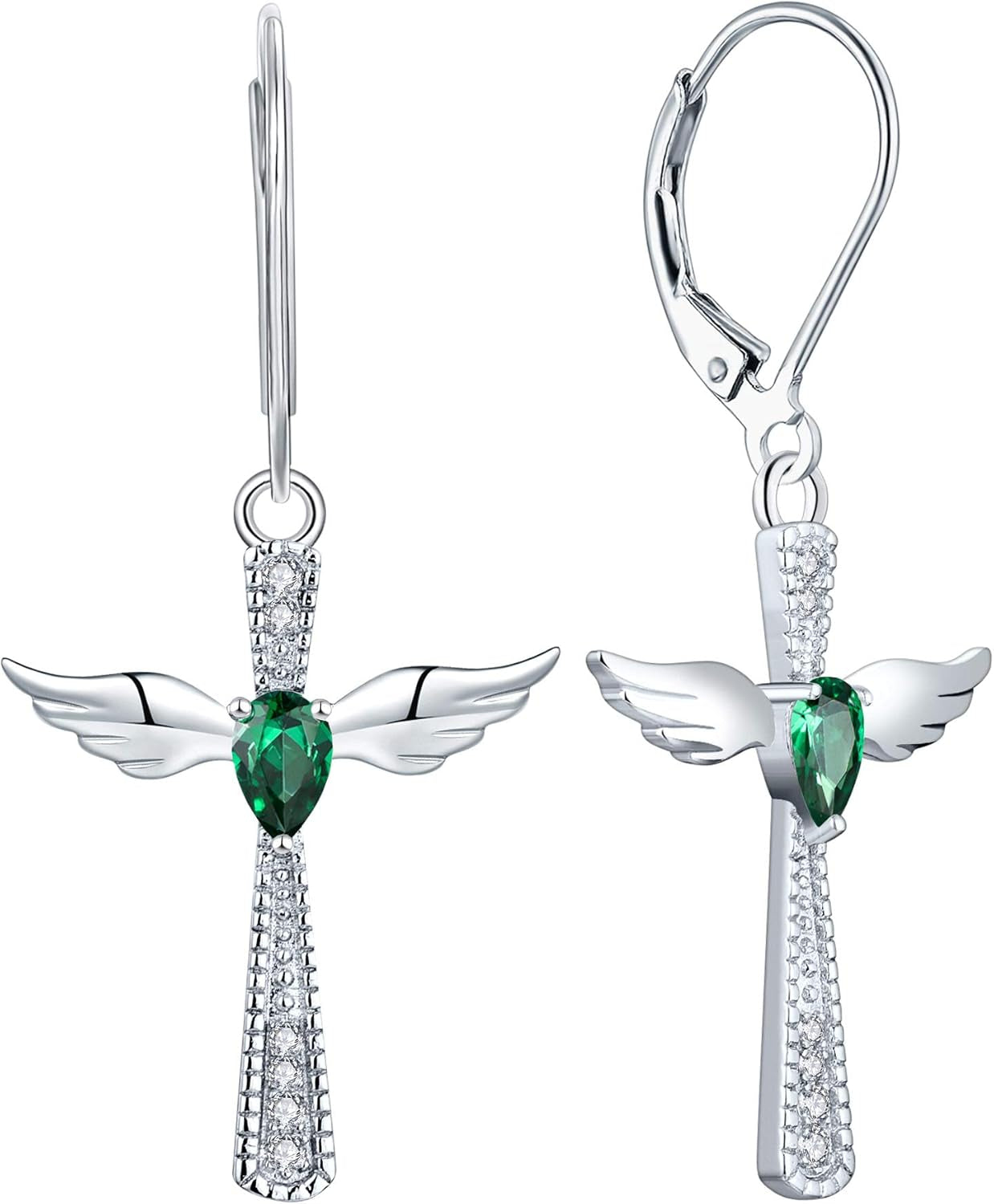 925 Sterling Silver Cross Dangle Drop Earrings Pear Cut Birthstone Angel Wings Leverback Earrings for Women