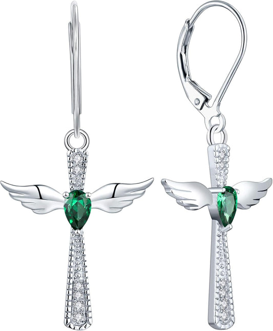 925 Sterling Silver Cross Dangle Drop Earrings Pear Cut Birthstone Angel Wings Leverback Earrings for Women