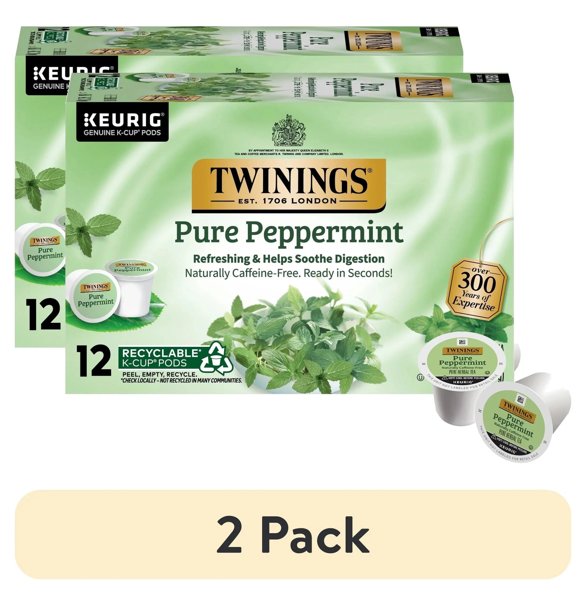 (2 Pack)  Pure Peppermint Herbal Tea K-Cup Pods for Keurig, 12 Count, Caffeine-Free