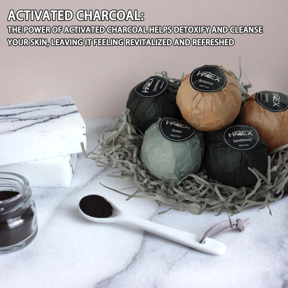 Bath Bombs,  Luxury Charcoal 6 Large Natural Bathbomb Fizzes for Men Women, Organic Bath Bomb with Essential Oils and Shea Butter, Stress Relief and Relaxation, Detox with Charcoal Bathbombs