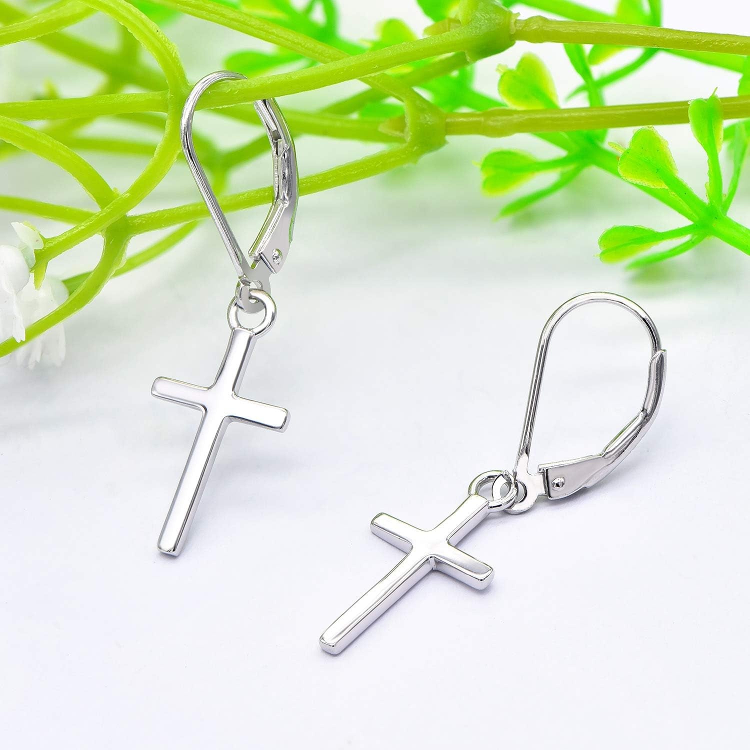 Cross/Star/Moon Earrings 925 Sterling Silver Polished Leverback Earrings Dangle Drop Jewelry for Women