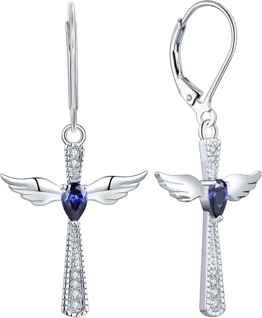 925 Sterling Silver Cross Dangle Drop Earrings Pear Cut Birthstone Angel Wings Leverback Earrings for Women