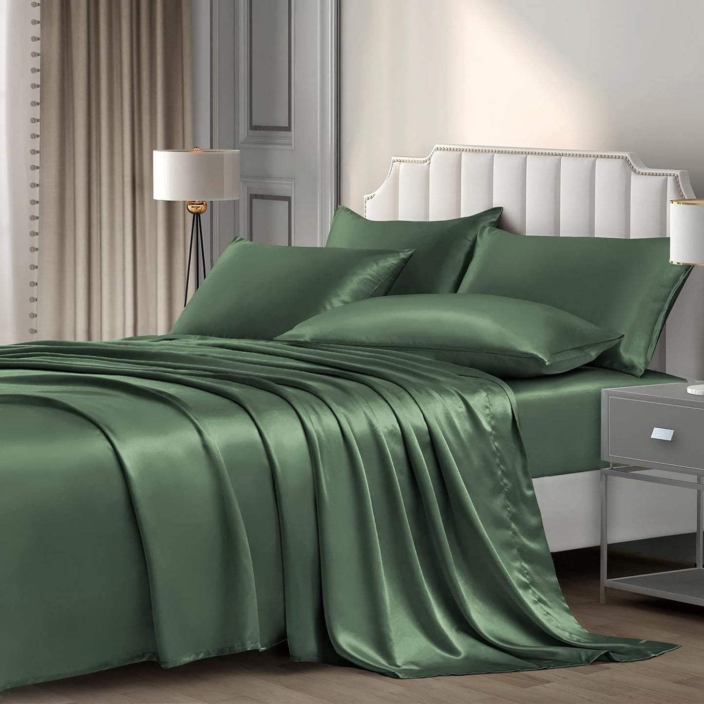 6 Pieces King Satin Sheets Luxury Silky Woodland Green Satin Bedding Sheet Set, 1 Deep Pocket Fitted Sheet + 1 Flat Sheet + 4 Pillow Cases