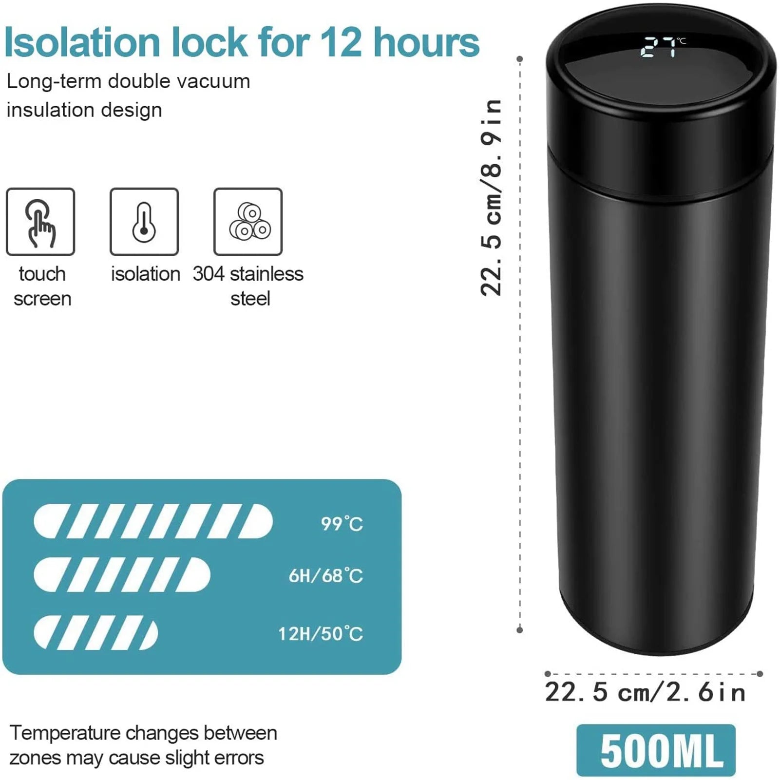 Water Bottle with LED Temperature Display,Double Walled Vacuum Insulated Water Bottle,Stainless Steel Sports Automotivetravel Mug