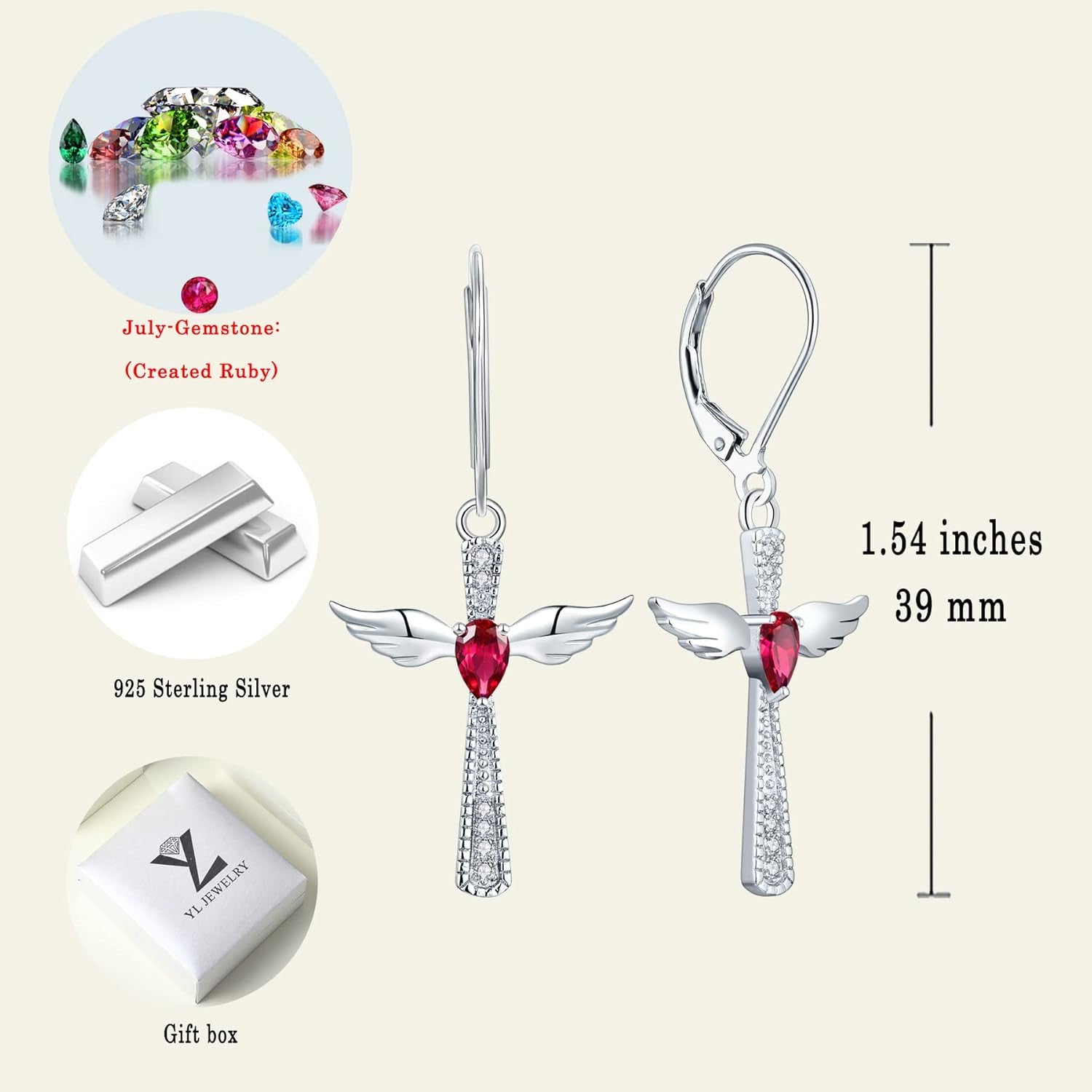 925 Sterling Silver Cross Dangle Drop Earrings Pear Cut Birthstone Angel Wings Leverback Earrings for Women