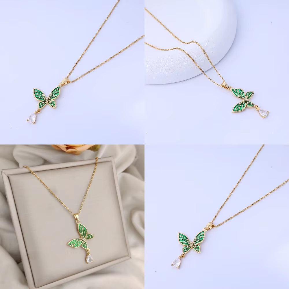 Fashionable and High-End Green Pearl Butterfly Water Droplet Necklace for Female Actors, Elegant Temperament, Versatile Titanium