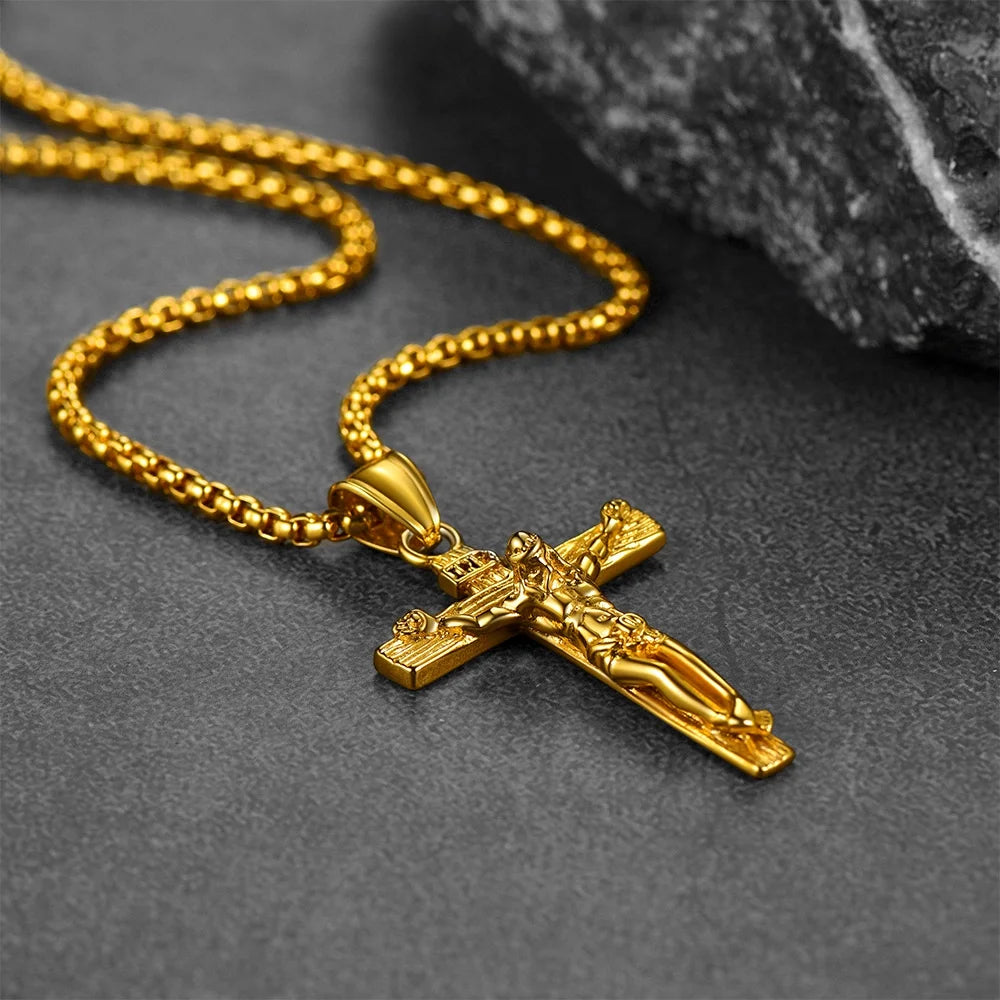 INRI Cross Pendant Crucifix Necklace Mens Gold Plated Religious Catholic Christian Neck Chains Jewelry Gift for Women Mom Birthday