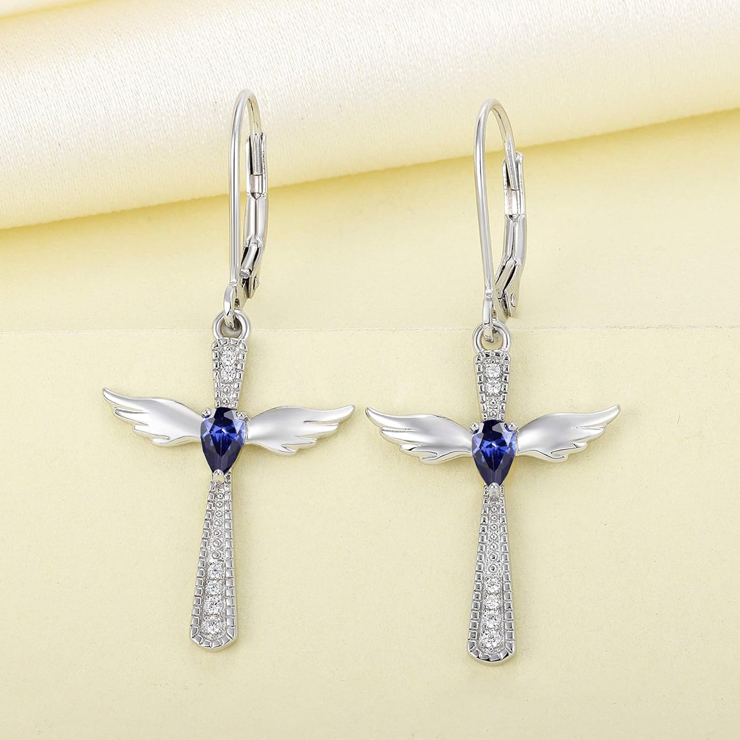 925 Sterling Silver Cross Dangle Drop Earrings Pear Cut Birthstone Angel Wings Leverback Earrings for Women