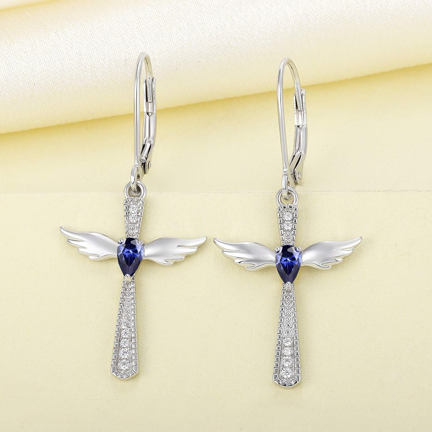 925 Sterling Silver Cross Dangle Drop Earrings Pear Cut Birthstone Angel Wings Leverback Earrings for Women