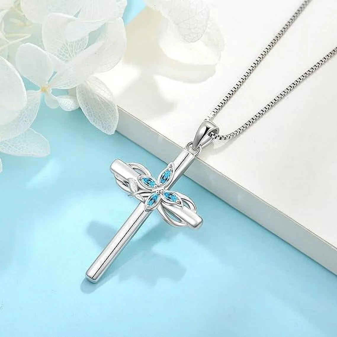 Cross Necklace for Women 925 Sterling Silver Infinity Butterfly Aquamarine Necklace March Birthstone Jewelry Gifts for Women Her Mom Wife Girlfriend Daughter