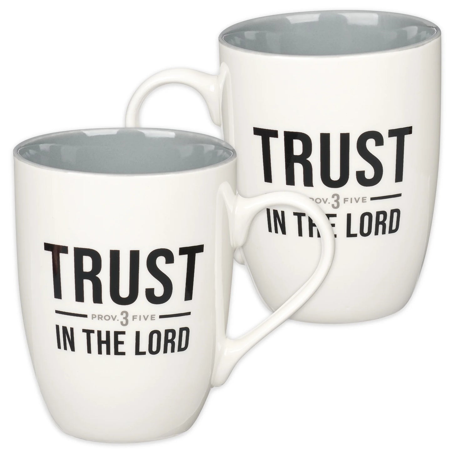 Inspirational Ceramic Coffee & Tea Mug for Men & Women: Trust in the Lord Encouraging Bible Verse Proverb, Lead-Free Novelty Drinkware W/Silver Foil, White & Dark Gray, 12 Oz.