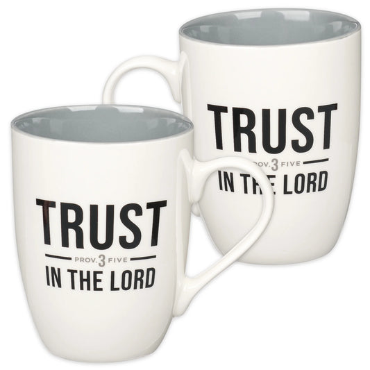 Inspirational Ceramic Coffee & Tea Mug for Men & Women: Trust in the Lord Encouraging Bible Verse Proverb, Lead-Free Novelty Drinkware W/Silver Foil, White & Dark Gray, 12 Oz.