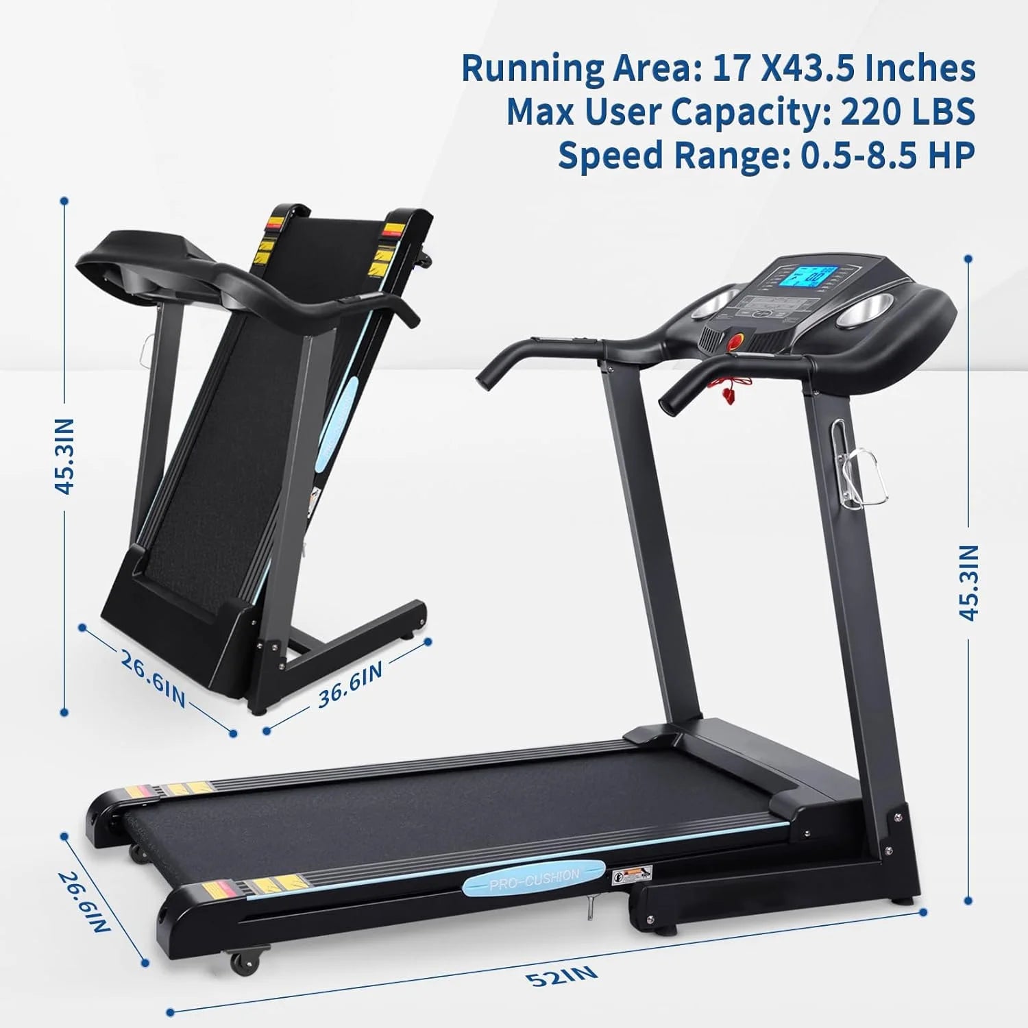 Treadmill with Auto Incline Folding Treadmill 12Level Incline 2.5 Horse Power 15 Preset for Home Use 8.5 Mph Range