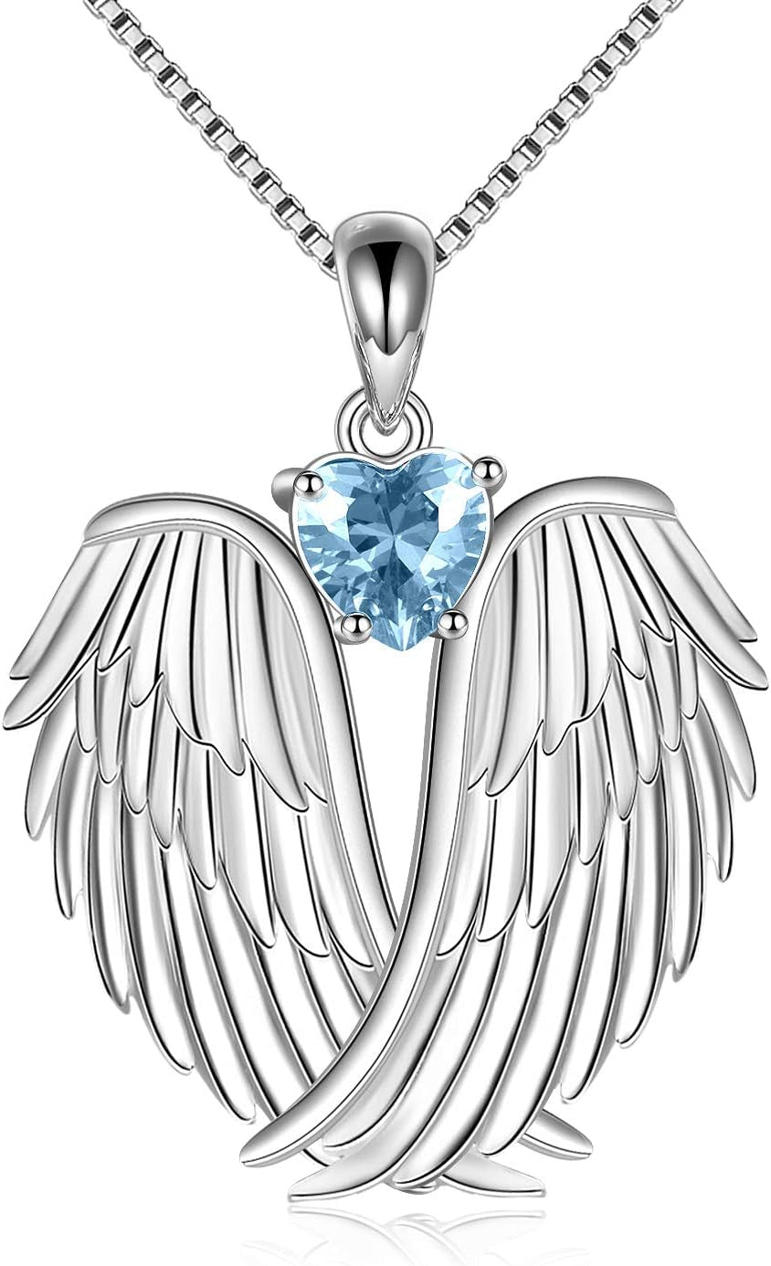 Angel Wings Necklace 925 Sterling Silver Guardian Angel Wings Pendant Necklace Birthstone Necklace for Women Girls Christmas Jewelry Gifts