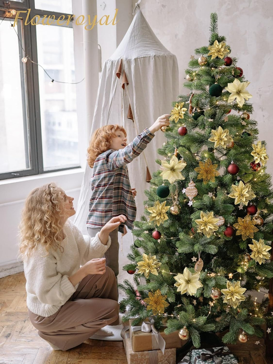 30 Pcs Gold Poinsettia Artificial Flowers with Clips for Holiday Decor