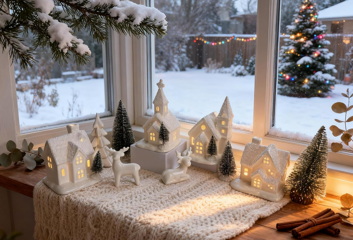 Ceramic Christmas Village Set - 13-Piece Holiday Decor with Trees & Deer