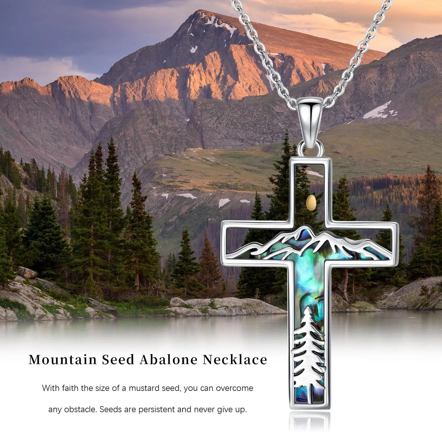 Corss Necklace for Women 925 Sterling Silver Abalone Mountain Mustard Seed Pendant Nature Jewelry Faith Gifts for Christian Hikers Lovers