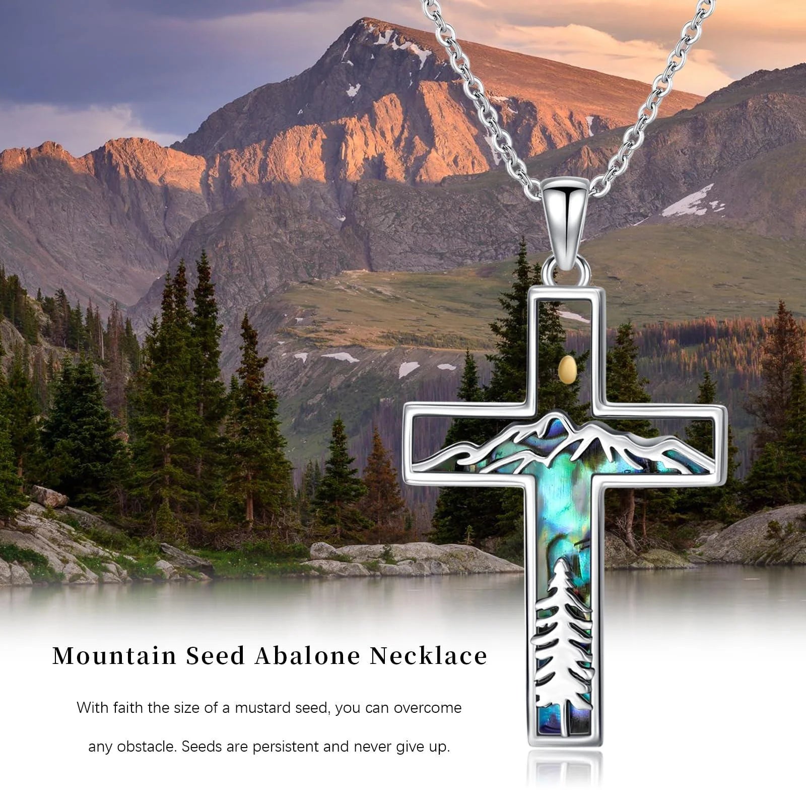Corss Necklace for Women 925 Sterling Silver Abalone Mountain Mustard Seed Pendant Nature Jewelry Faith Gifts for Christian Hikers Lovers