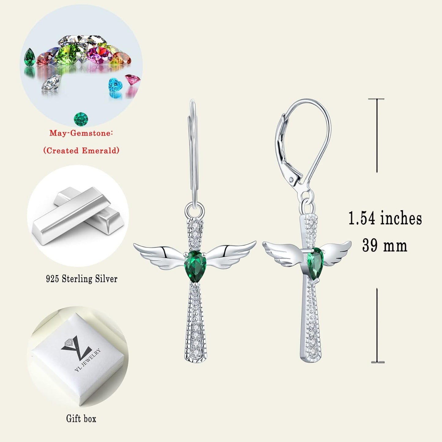 925 Sterling Silver Cross Dangle Drop Earrings Pear Cut Birthstone Angel Wings Leverback Earrings for Women