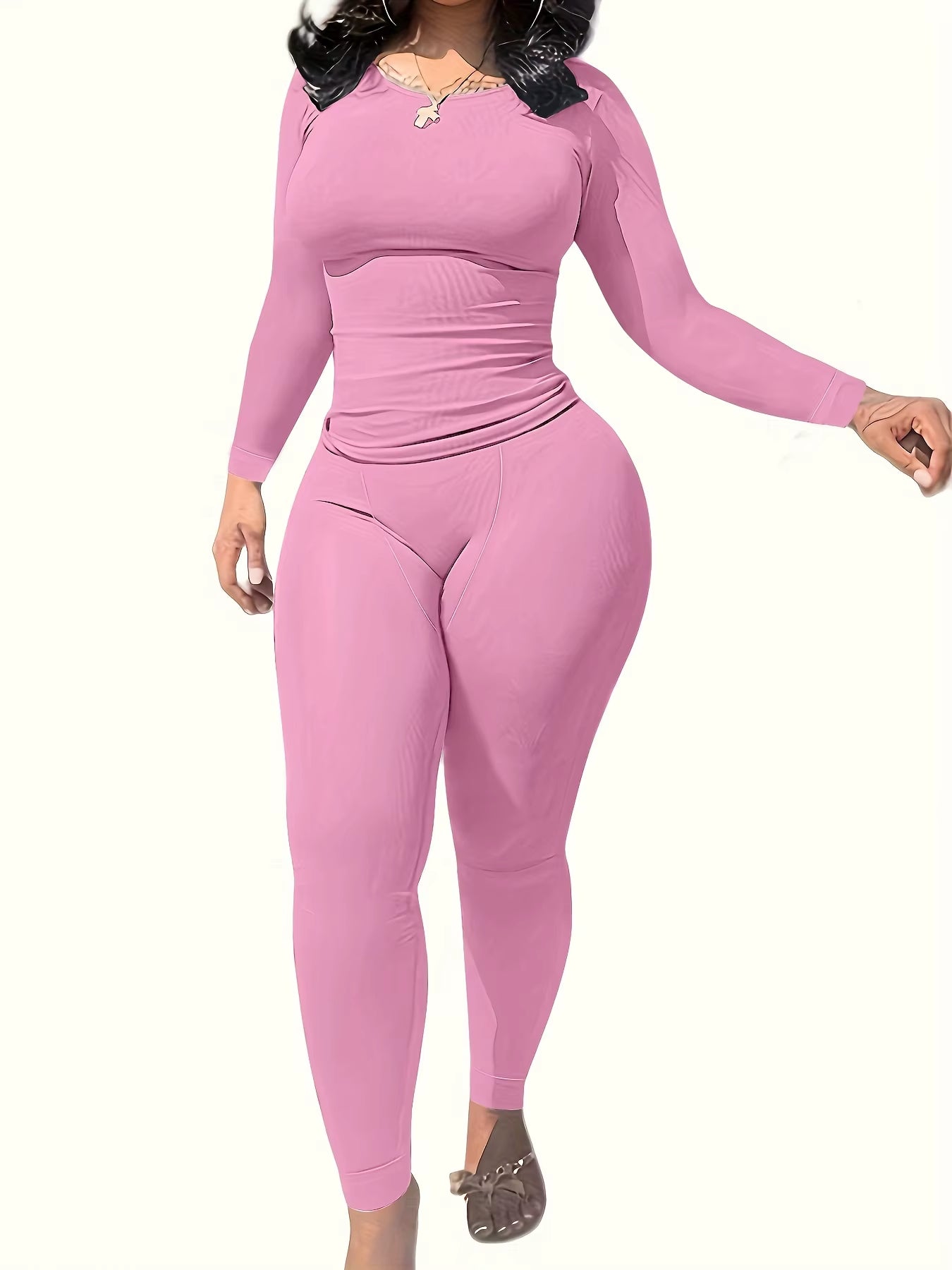 2Pcs Solid Color Yoga Workout Set Long Sleeve round Neck Top & High Stretch Running Sports Leggings Suit Women'S Activewear