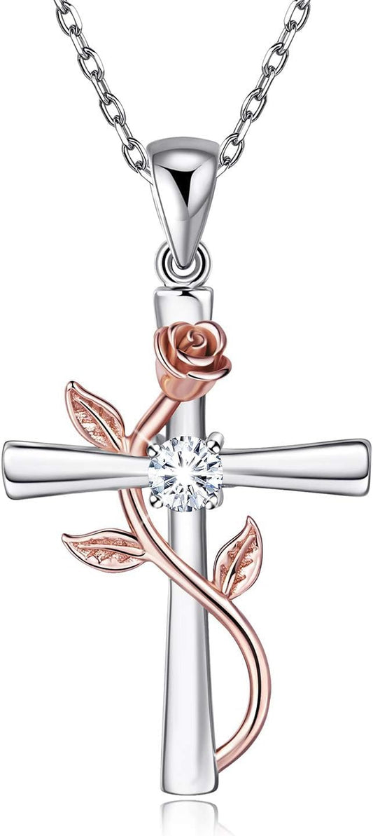 Cross Necklace for Women Sterling Silver Cross Necklaces Pendant White/Rose/Gold Plated Cubic Zirconia Flower Necklace Gifts for Women