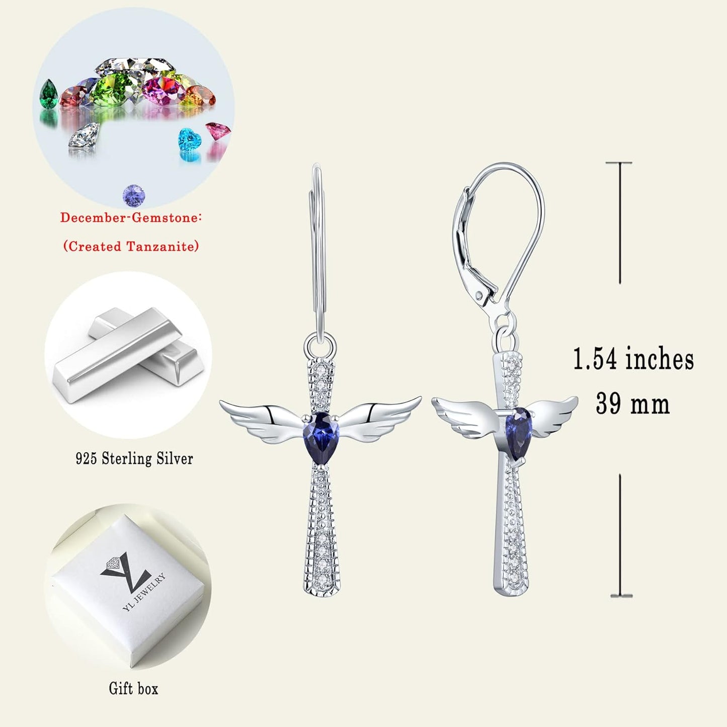 925 Sterling Silver Cross Dangle Drop Earrings Pear Cut Birthstone Angel Wings Leverback Earrings for Women